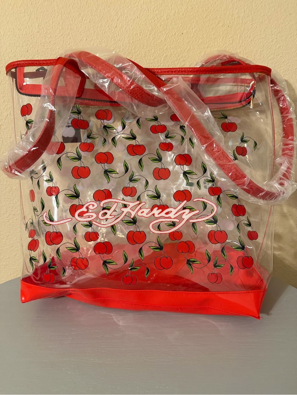 Ed Hardy Clear Tote with Red Cherry Print